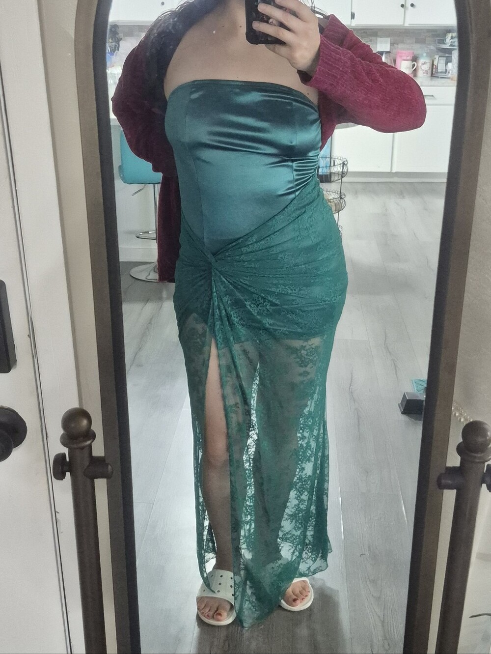 Emerald Strapless Satin & Lace Maxi Dress